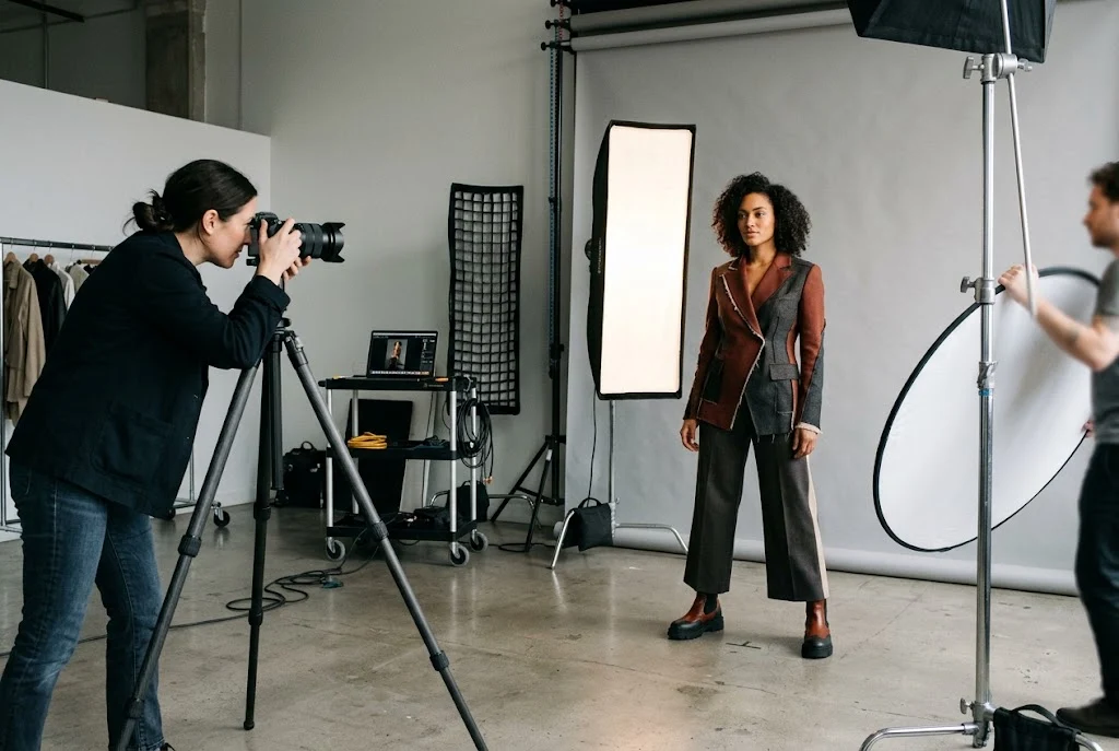 Fashion photographer photographing a model in a studio with softbox lighting