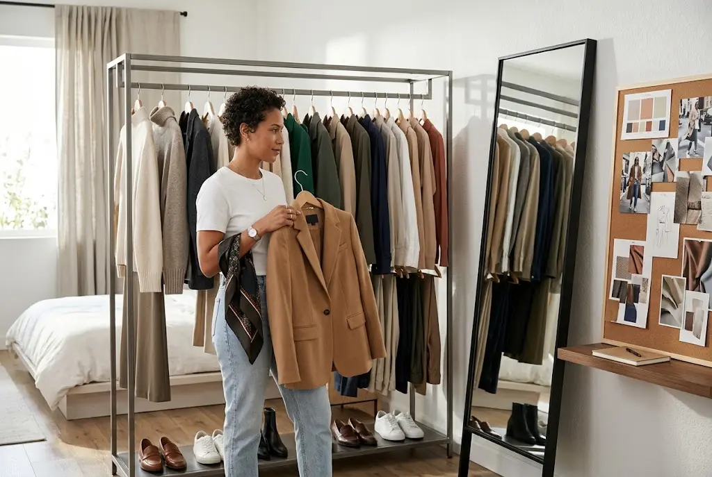 Person choosing an outfit beside an open clothing rack and full-length mirror