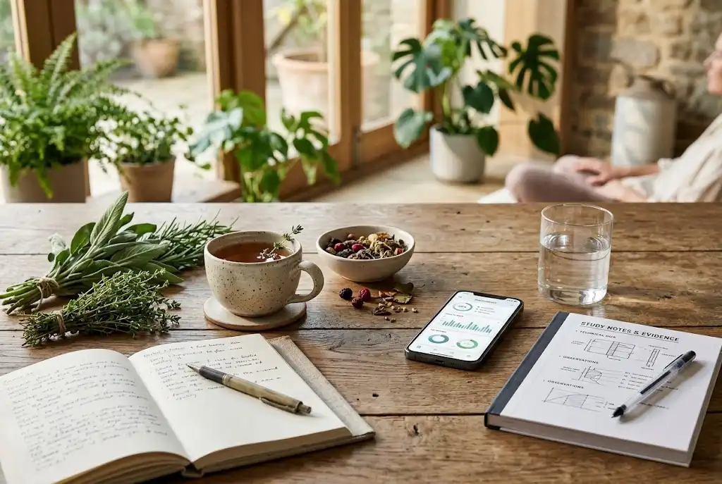 Traditional herbs and herbal tea beside a modern health journal and smartphone