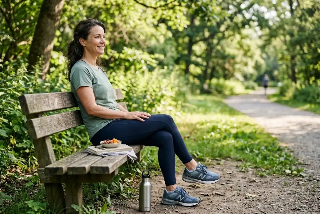 Adult relaxing outdoors after a walk with a water bottle and journal