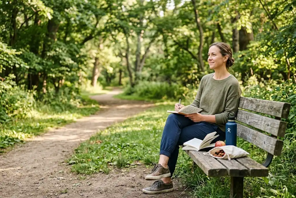 Person relaxing outdoors with a water bottle, journal, book, and healthy snack