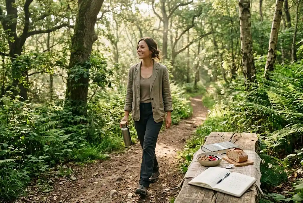 Person walking outdoors with a water bottle beside a healthy breakfast and journal