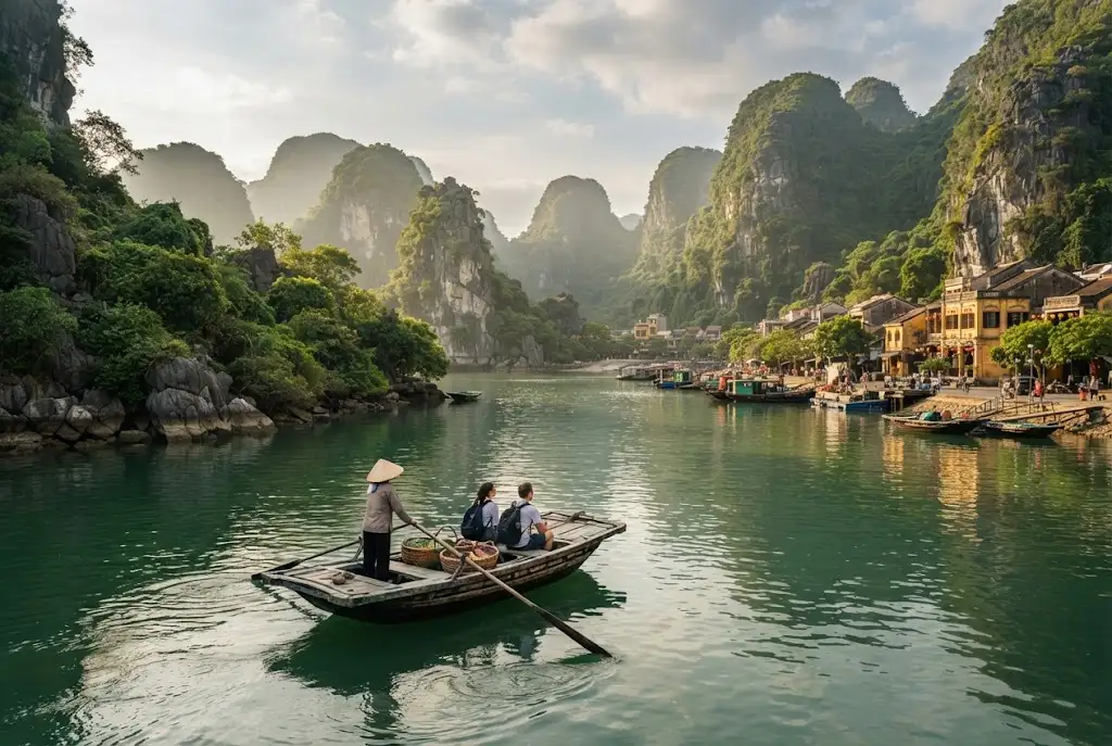 Vietnamese landscape with limestone mountains, water, and traditional boat