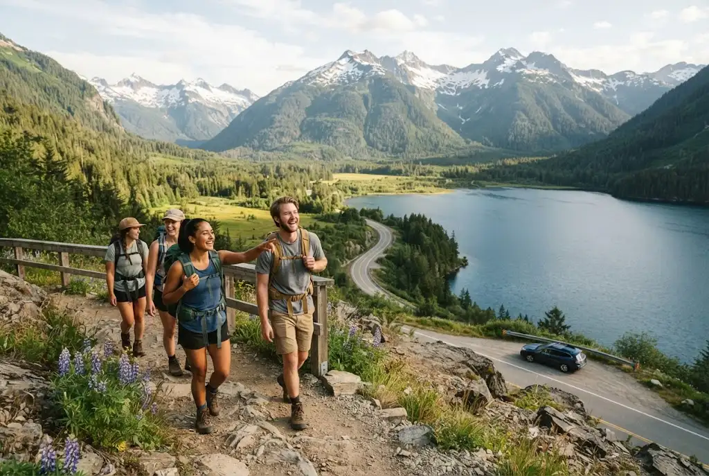 Travelers enjoying a scenic American summer landscape with mountains and a lake