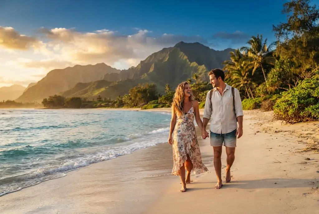 Young couple enjoying a tropical Hawaiian beach at sunset