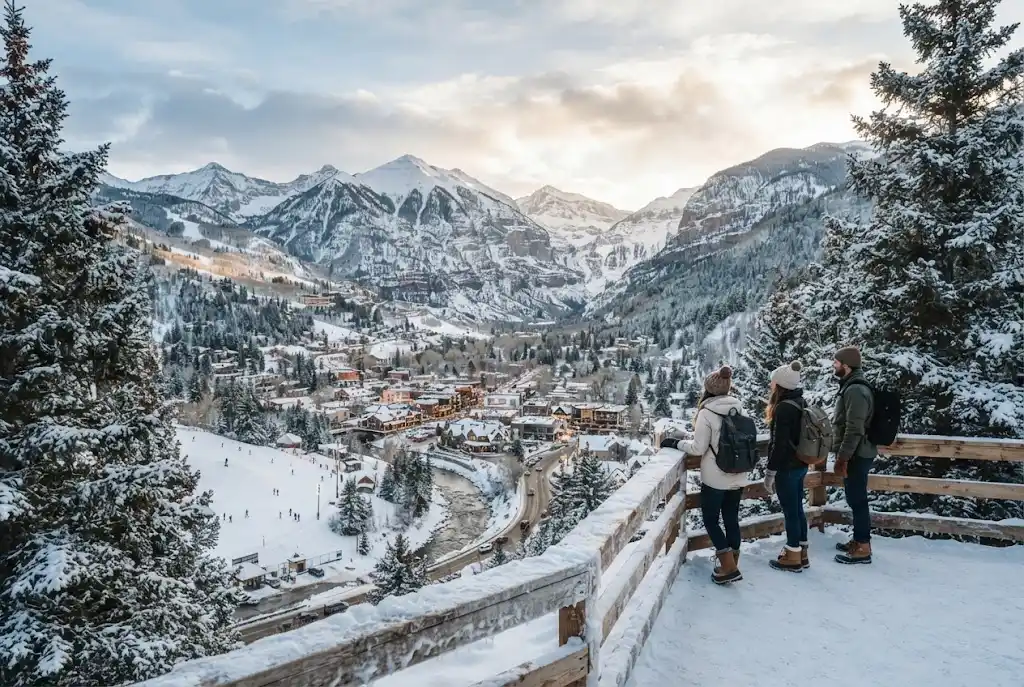 Snowy mountain landscape with travelers enjoying a winter vacation in the USA