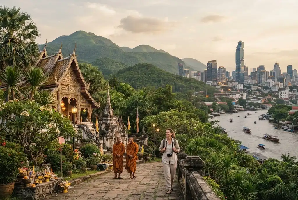 Diverse Asian travel landscape with temple, mountains, and tropical scenery