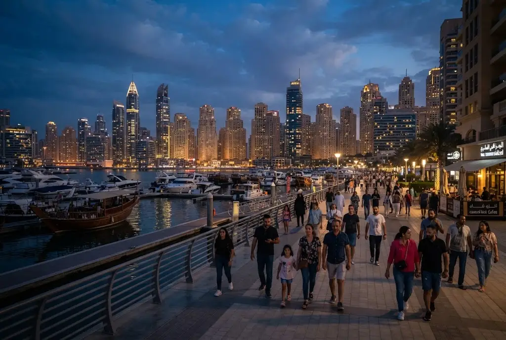 Dubai skyline illuminated at night from a public waterfront promenade
