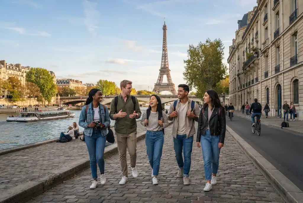 Young adult travelers exploring Paris with the Eiffel Tower in the background