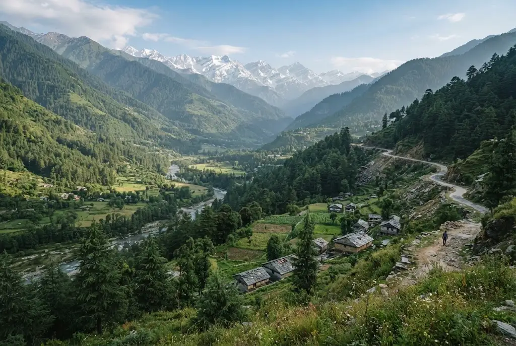 Himalayan mountain valley with forests, snow-covered peaks, and a winding road in Himachal Pradesh