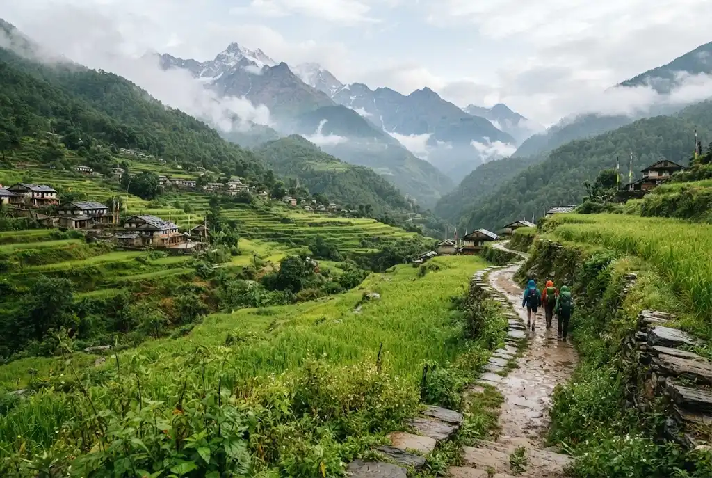 Travelers walking through a lush Himalayan landscape in Nepal during summer