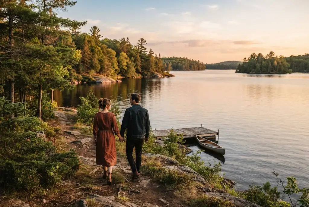 Couple enjoying a scenic Ontario lakeside getaway at sunset