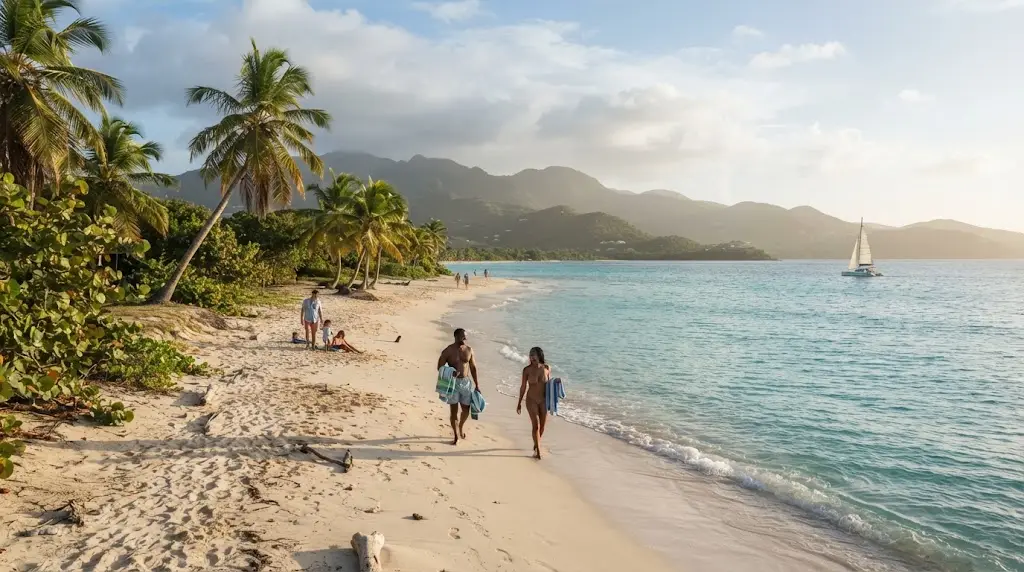 Tropical Caribbean coastline with turquoise water, sandy beach and island mountains