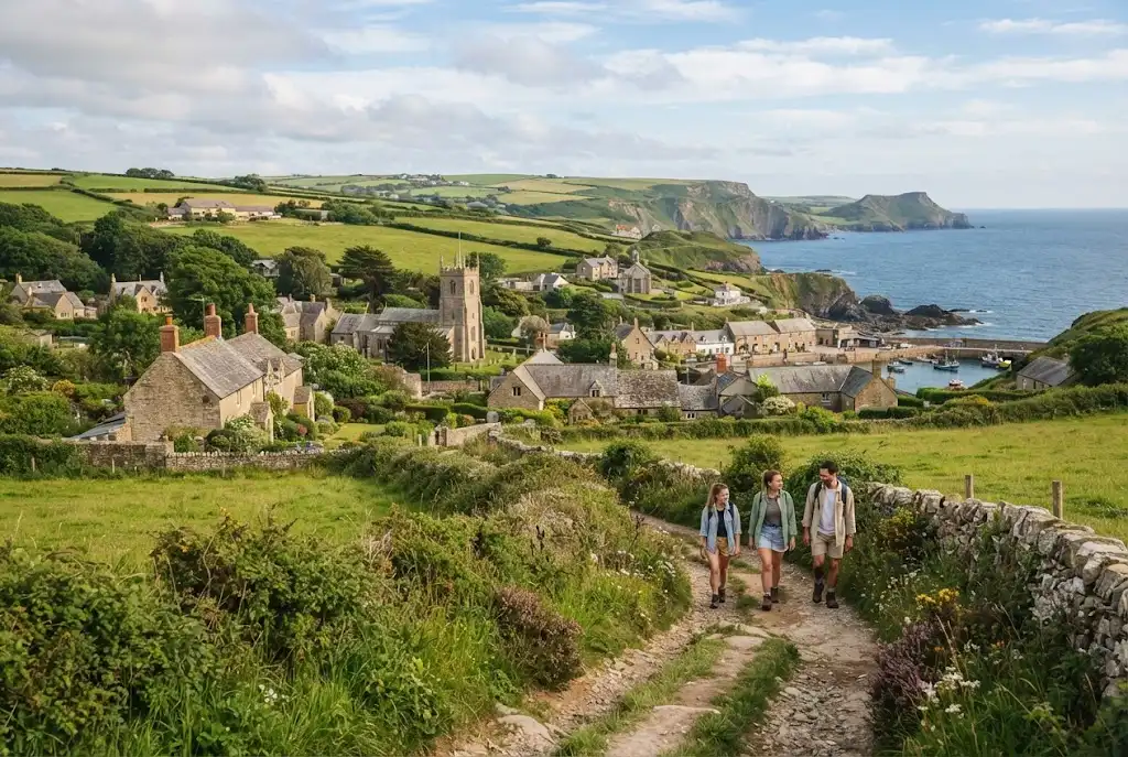 Travelers walking through a green British countryside landscape on a summer day