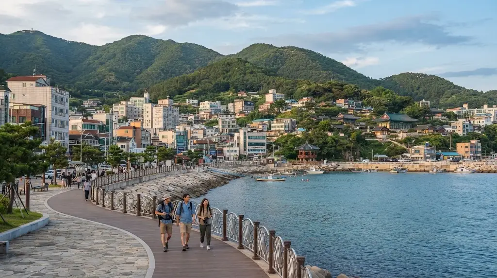 South Korean coastal city with green hills and waterfront scenery