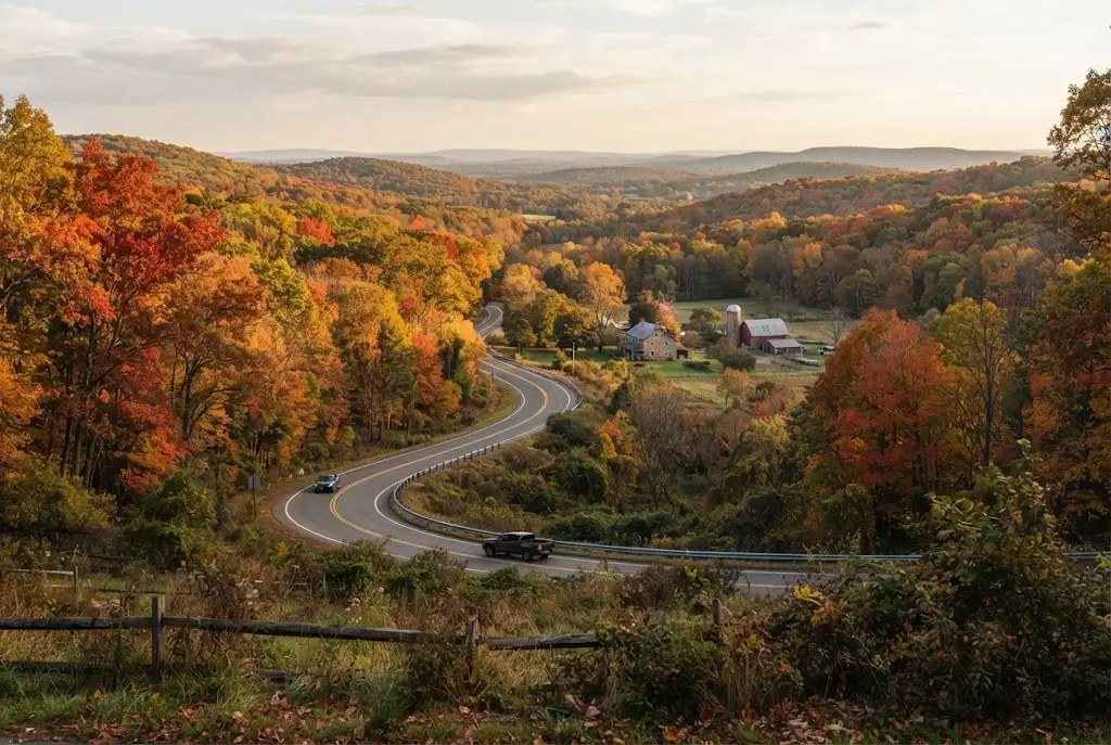Colorful New Jersey autumn forest and scenic road during fall
