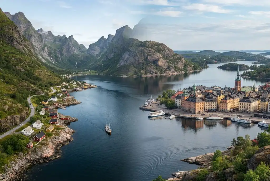 Scenic Norway and Sweden landscapes with fjords, mountains, islands and Nordic cities