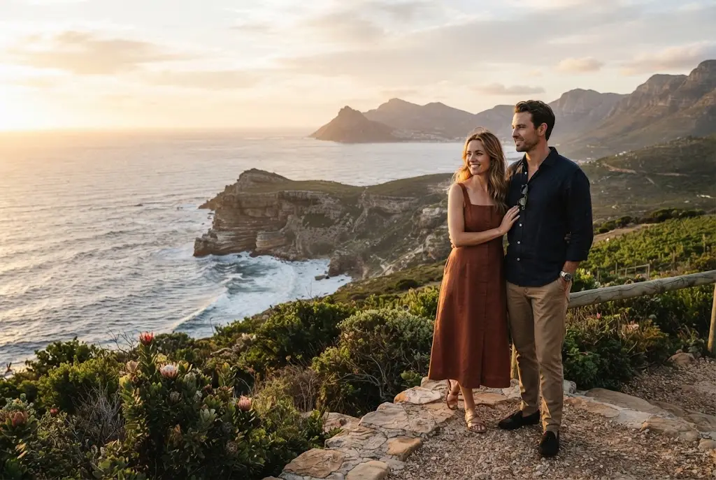 Couple enjoying a scenic South African coastal sunset