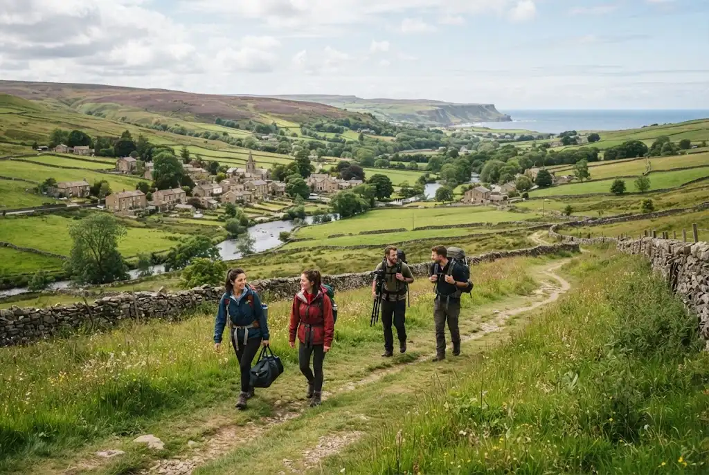 Travelers exploring a scenic British countryside destination with historic village scenery