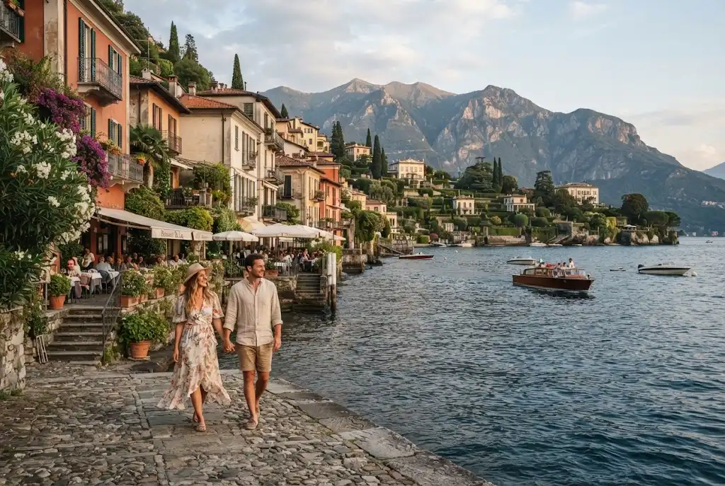 Scenic Lake Como village with mountains and waterfront in northern Italy