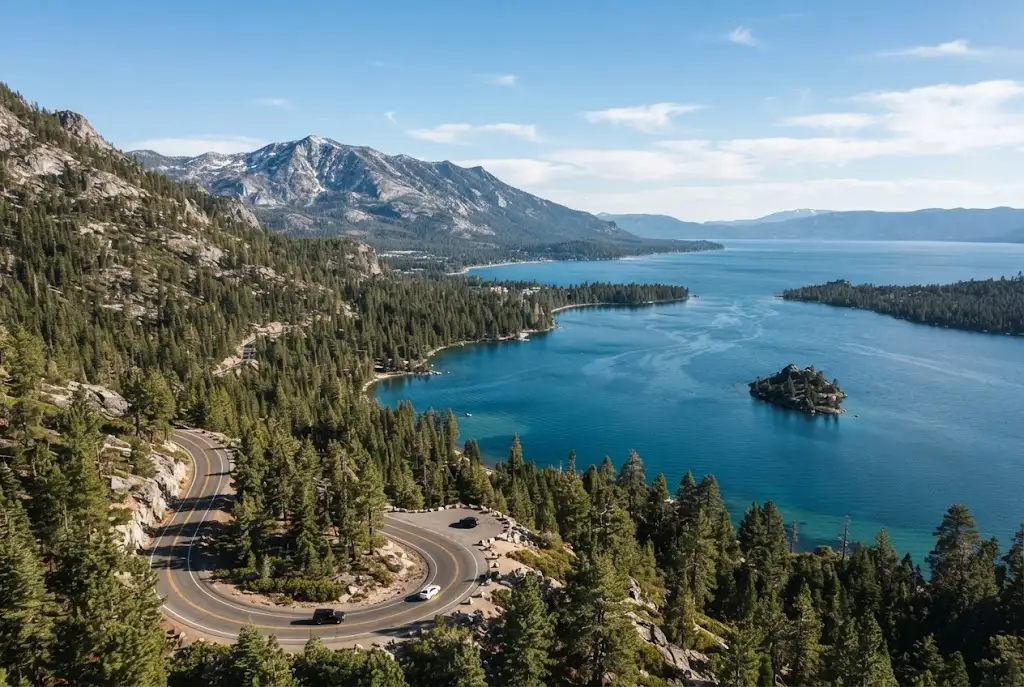 Scenic Lake Tahoe landscape with mountains and evergreen forests near South Lake Tahoe