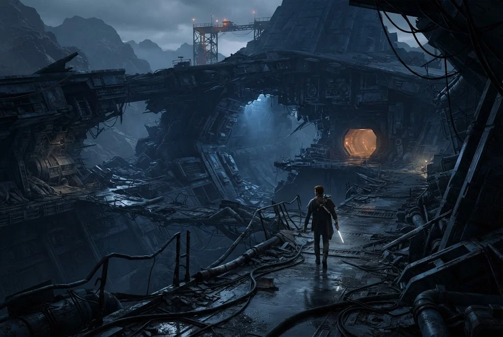 Jedi exploring a crashed starship in Star Wars Jedi Fallen Order