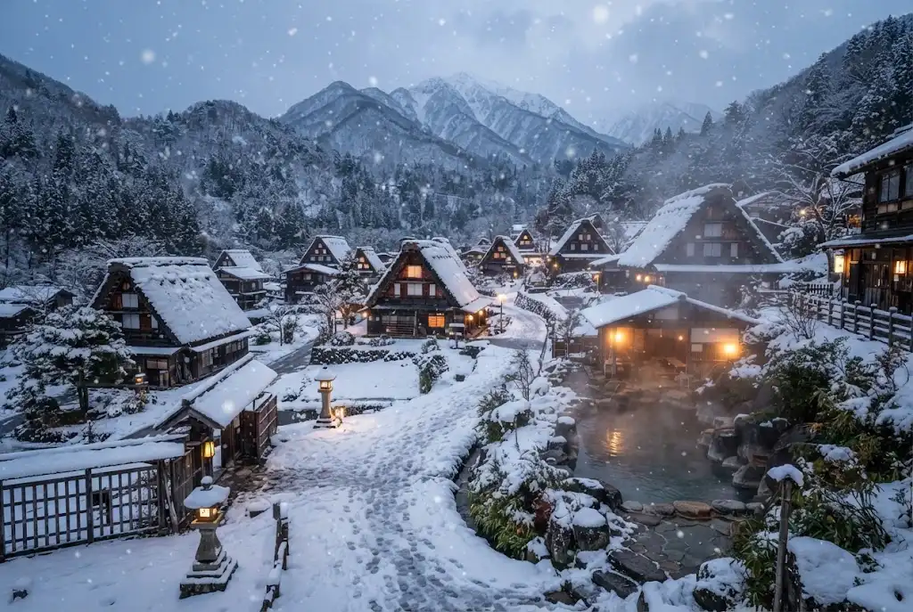 Snow-covered traditional Japanese village in winter