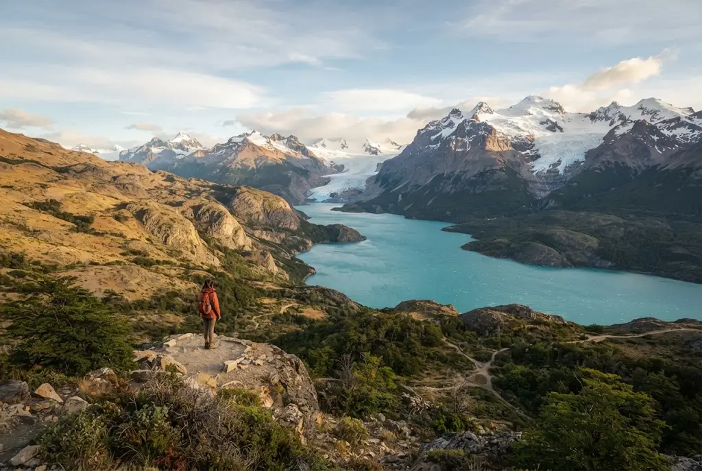 Diverse Chilean landscape with mountains, lake, and dramatic scenery