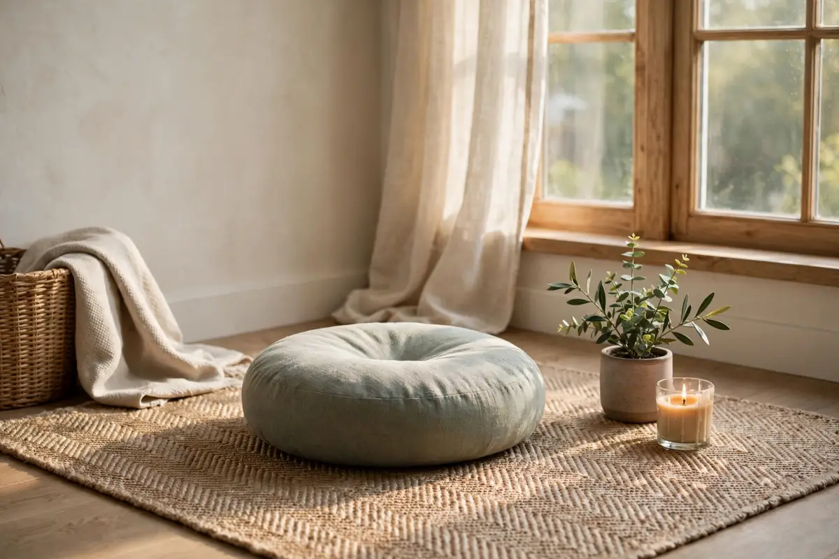 Beginners guide to meditation — a quiet meditation corner with a cushion, plant and candle in soft morning light
