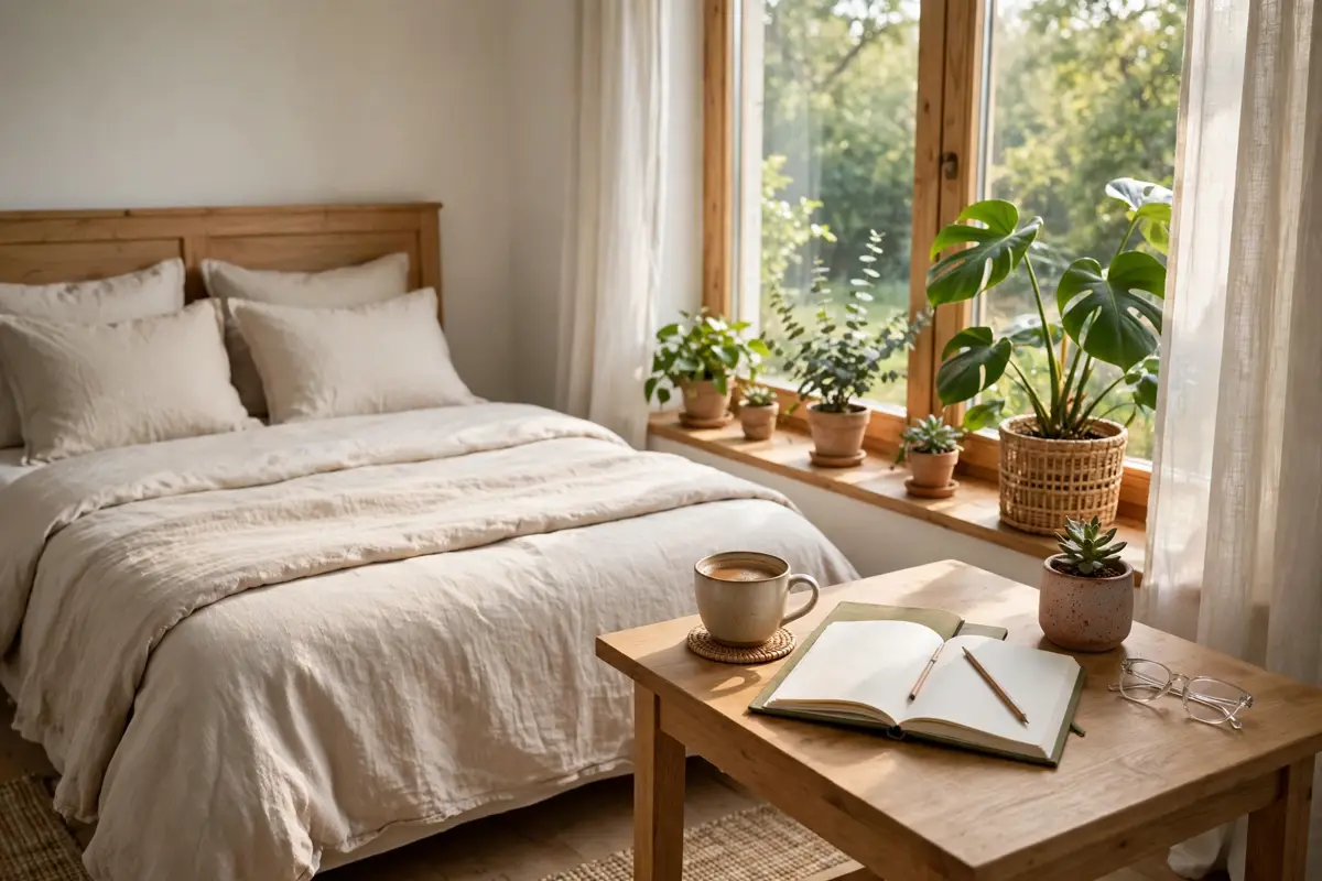 Morning routine that sticks — a bright bedroom with morning light, coffee and a journal on a bedside table
